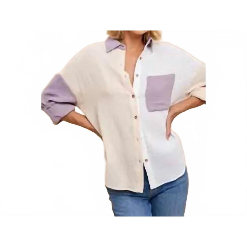 NEW IN-LOOM colorblock button up in dusty lavender multi